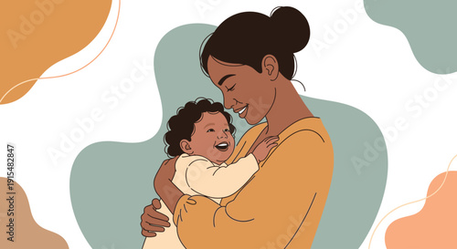 This flat design illustration beautifully portrays an empowered mother with her child, symbolizing love, care, and the strength of maternal bonds