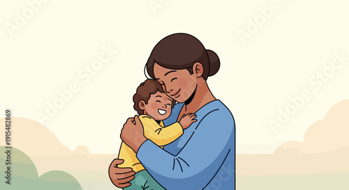 This flat design illustration beautifully portrays an empowered mother with her child, symbolizing love, care, and the strength of maternal bonds