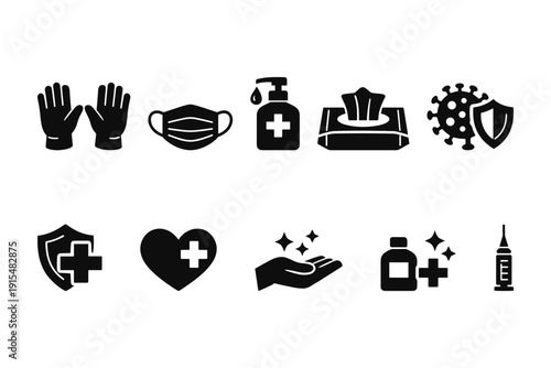 Collection of medical and hygiene icons including gloves and sanitizer