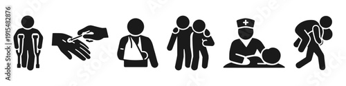 Icons of medical care: crutches, injection, arm sling, family support, nurse assistance