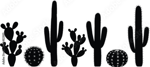 Cactus silhouettes set with saguaro prickly pear and barrel cacti desert flora elements for western landscape design isolated on white background