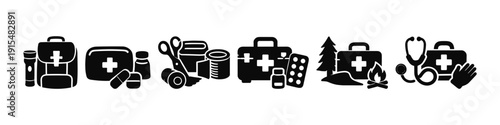 Black and white emergency kit icons illustrating camping and medical supplies