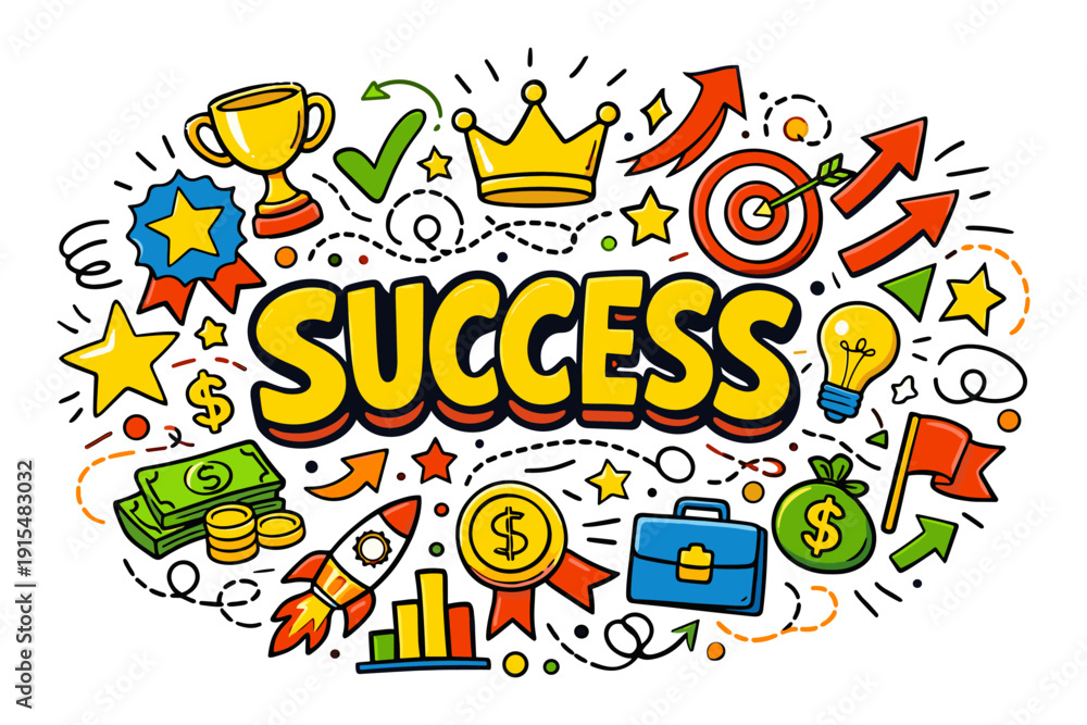 Fototapeta premium Colorful success icons featuring trophy, crown, target, and dollar signs