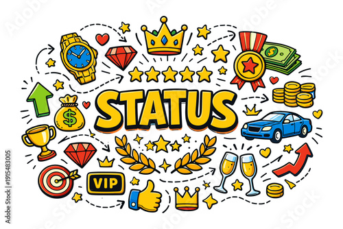 Status symbols: luxury watch, crown, cash, car, vip, trophy, and jewels illustration