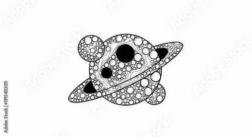 A whimsical planet with rings, filled with bubbles and dark circles