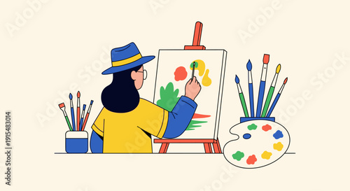 This flat design illustration showcases a woman expressing her creativity as an artist, symbolizing artistic freedom, passion, and female talent