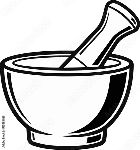 A stylized black and white illustration of a mortar and pestle, common kitchen or lab tool