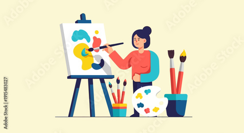 This flat design illustration showcases a woman expressing her creativity as an artist, symbolizing artistic freedom, passion, and female talent