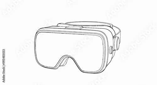 A stylized line art drawing of a virtual reality headset on a white background