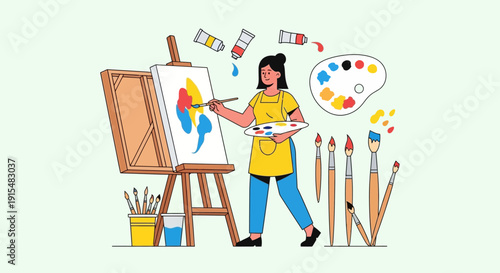 This flat design illustration showcases a woman expressing her creativity as an artist, symbolizing artistic freedom, passion, and female talent