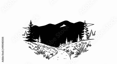 A stylized line drawing depicts a scenic mountain landscape with evergreen trees