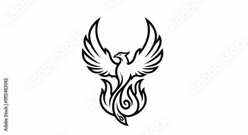 A stylized black and white illustration of a mythical phoenix rising from flames
