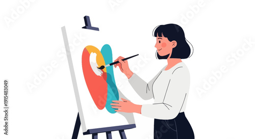 This flat design illustration showcases a woman expressing her creativity as an artist, symbolizing artistic freedom, passion, and female talent