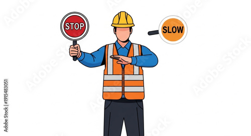 Construction Worker Holding Stop Sign.