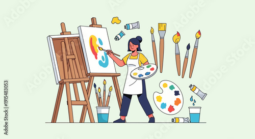This flat design illustration showcases a woman expressing her creativity as an artist, symbolizing artistic freedom, passion, and female talent
