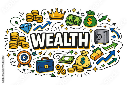 Wealth symbols: money, gold, diamond, safe, arrows, target