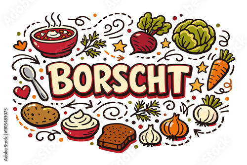 Colorful borscht ingredients illustration with vegetables and soup