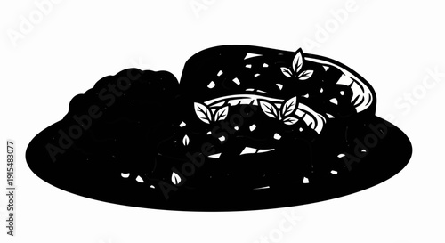 A stylized black and white illustration of a plate of food with garnishes