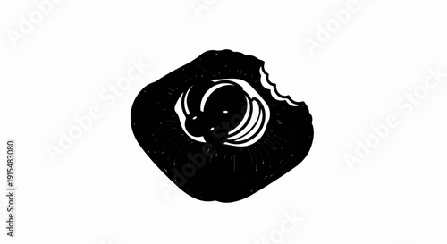 A stylized black and white illustration of a partially eaten donut with a bite mark