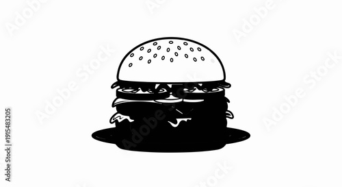 A stylized black and white illustration of a tall, overflowing hamburger