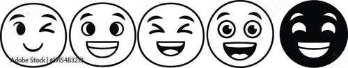 Smiling emoji faces set with different happy expressions, black and white vector illustration isolated on white background