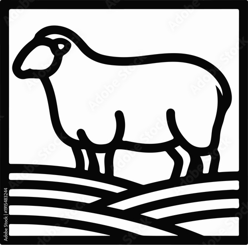 A stylized black and white line art drawing of a sheep standing on rolling hills