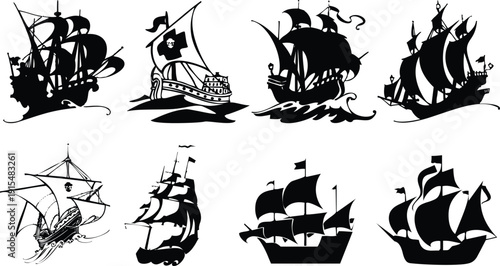 Collection of seven historic sailing ships in black and white illustrations