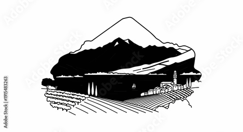 A stylized black and white landscape of mountains, a lake, village, and vineyards