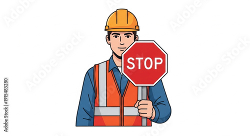 Construction Worker Holding Stop Sign.