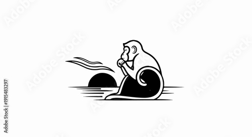 A stylized monkey sits in contemplation by a rising sun over water
