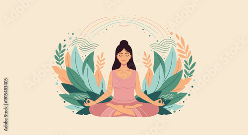 This flat design illustration portrays a woman meditating, symbolizing self-care, mental well-being, and inner peace for a balanced life