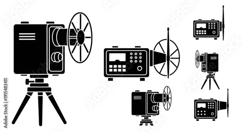 Microwave Distance Measurement Survey Equipment Silhouettes, Black silhouette illustrations of microwave distance measurement devices with antennas and control units on tripods.