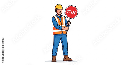Construction Worker Holding Stop Sign.