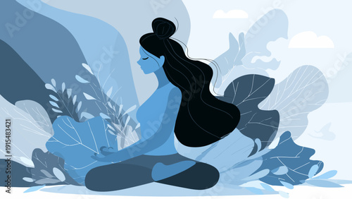 This flat design illustration portrays a woman meditating, symbolizing self-care, mental well-being, and inner peace for a balanced life