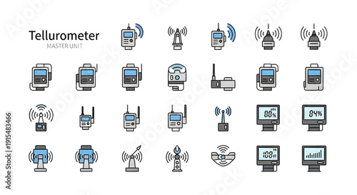 Wireless Tellurometer Survey Device Vector Illustration Icon Set, Set of wireless tellurometer and surveying communication devices with signal icons, displaying remote measurement technology in modern