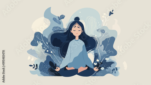 This flat design illustration portrays a woman meditating, symbolizing self-care, mental well-being, and inner peace for a balanced life