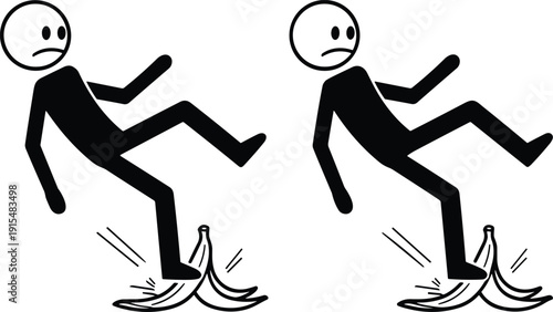 Stick figure slipping on banana peel warning sign concept, black and white hazard illustration isolated on white background