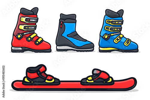 Collection of colorful ski boots and snowboard bindings on a white background