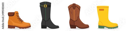 Collection of four different types of boots displayed side by side on a white background