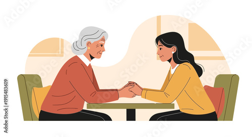 This flat design illustration depicts intergenerational women's support, symbolizing mentorship, wisdom, and continuity across different age groups