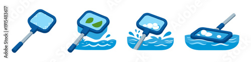 Collection of pool skimmer nets cleaning water from leaves and debris