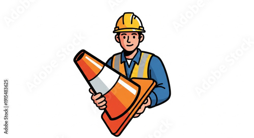 Construction Worker Holding Traffic Cone.