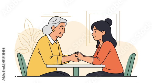 This flat design illustration depicts intergenerational women's support, symbolizing mentorship, wisdom, and continuity across different age groups