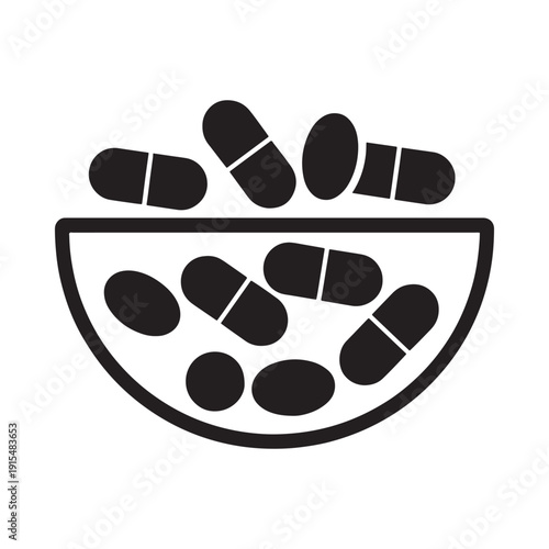 Black and white illustration of pills in a bowl health and medicine