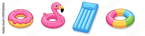 Collection of inflatable pool toys including a donut, flamingo, mattress, and ring