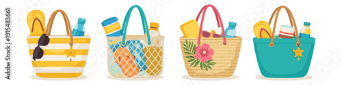Collection of four stylish beach bags filled with summer essentials for vacation