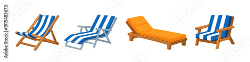 Collection of four beach chairs and loungers with blue and white stripes and orange cushions