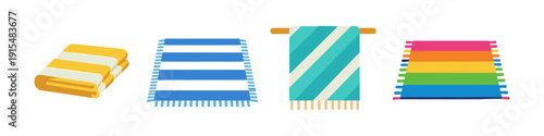 Collection of colorful striped beach towels and bath towels on a white background
