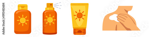 Sunscreen bottles and application on skin for sun protection and skincare