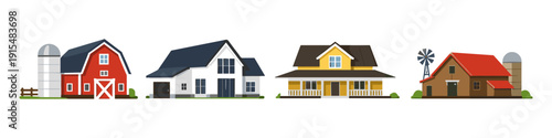 Collection of diverse farm and residential buildings in a flat design style